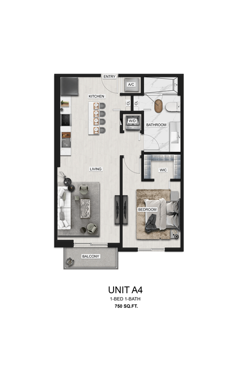 Floor plan for 1 bed, 1 bath, 750 sqft
